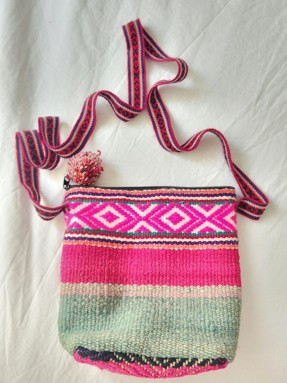 Handwoven Pink & Green Crossbody Bag - Artisan Boho Style